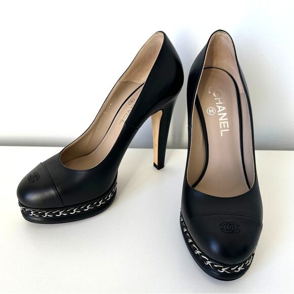 Chanel 2015 CC Logo Cap Toe  Chain Link Platform Pumps IT 38 - Picture 6 of 13